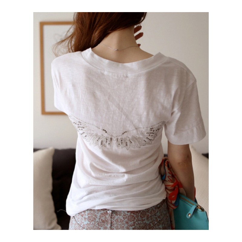 2018春装韩国女装新款休闲v领后背亮钻翅膀短袖T恤女潮白色