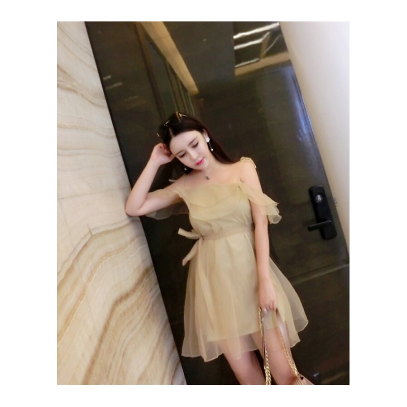 2018夏季时尚韩国女装名媛风带荷叶边系带假二件大摆连衣裙驼色