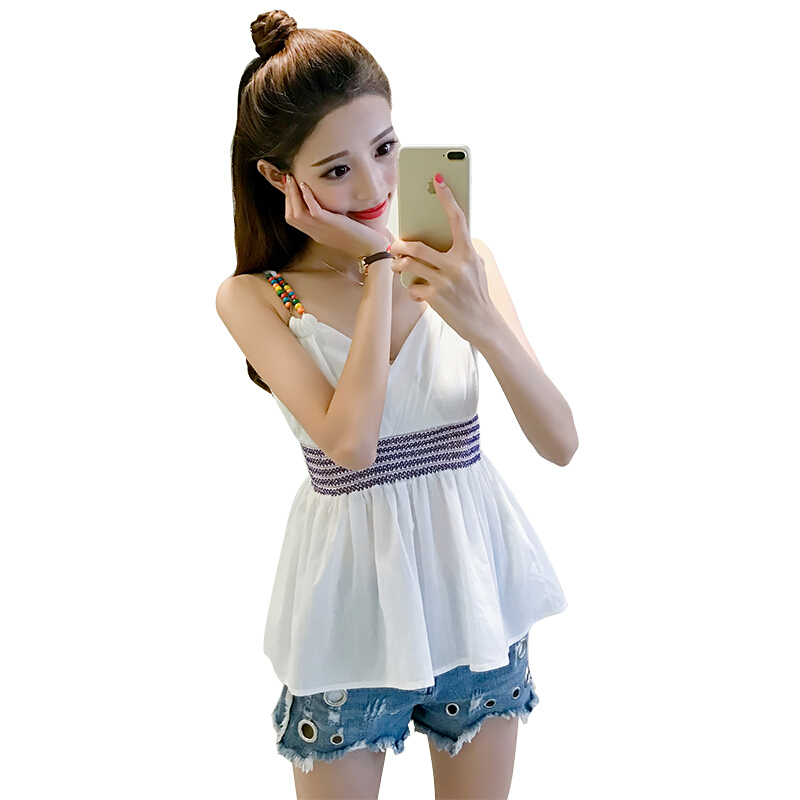 2018夏装韩版无袖T恤露肩显瘦性感小清新带背心打底上衣女