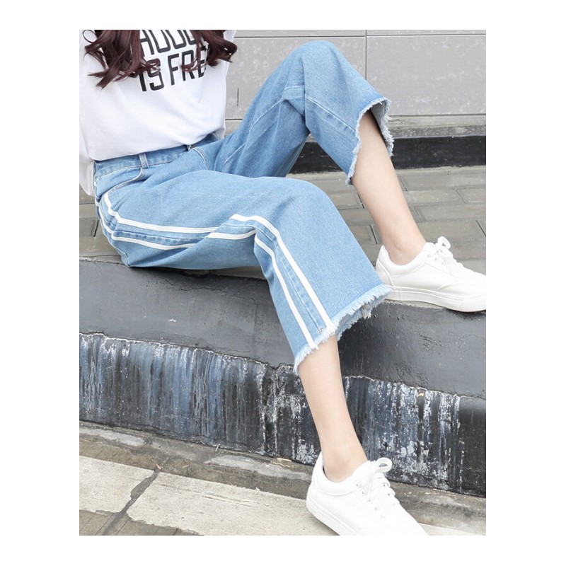 牛仔阔腿裤女高腰2018春夏季新款韩版学生显瘦流苏九分裤子宽松潮浅蓝色