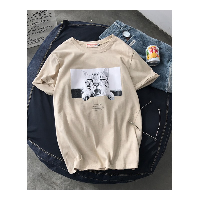 短袖女2018夏季时尚趣味猫咪印花川岛休闲短袖圆领T恤