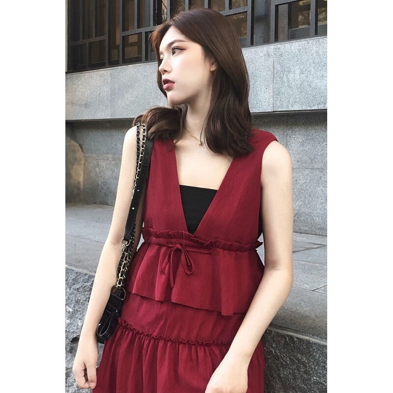 夏季韩版复古V领宽松显瘦中长款荷叶边拼接高腰背心连衣裙女 红色 均码
