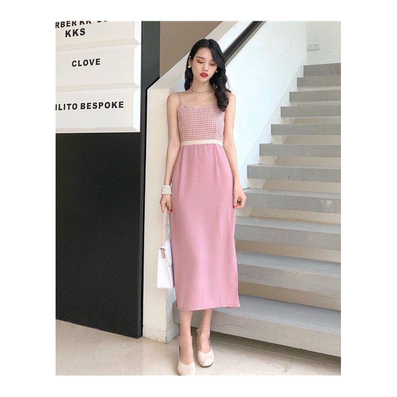 韩国复古风修身显瘦带抹胸开叉中长款连衣裙女夏季粉色均码