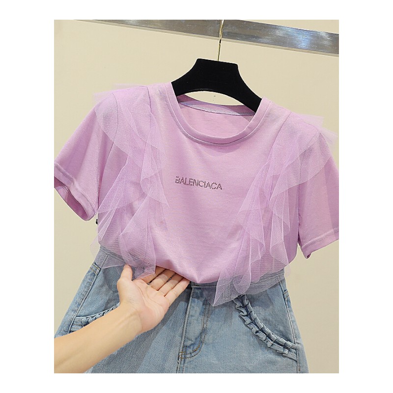 拼接网纱木耳边短袖体恤女2018韩范夏季宽松紫色上衣白色均码