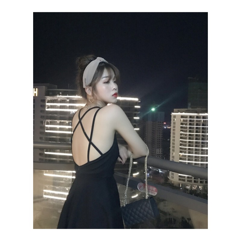 夏季韩版度假风时尚气质背后交叉性感显瘦带连衣裙短裙女红色均码