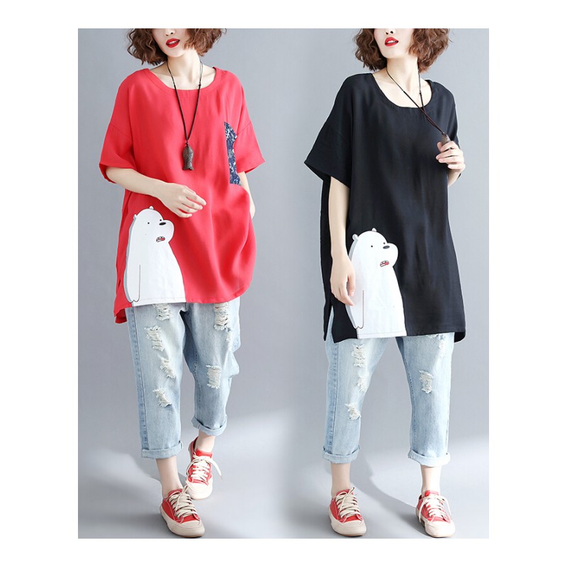 200斤胖mm文艺宽松大码女装夏季遮肚短袖T恤藏肉显瘦休闲上衣红色均码[120-250斤]