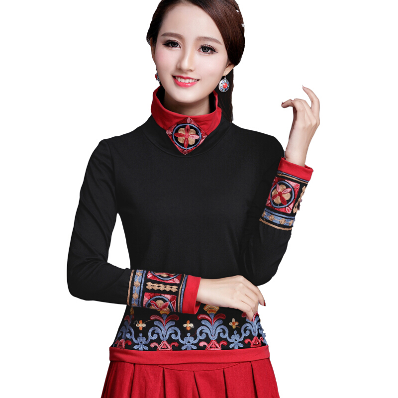中国风女装上衣春装新款高领长袖刺绣大码打底衫民族风绣花T恤女黑色