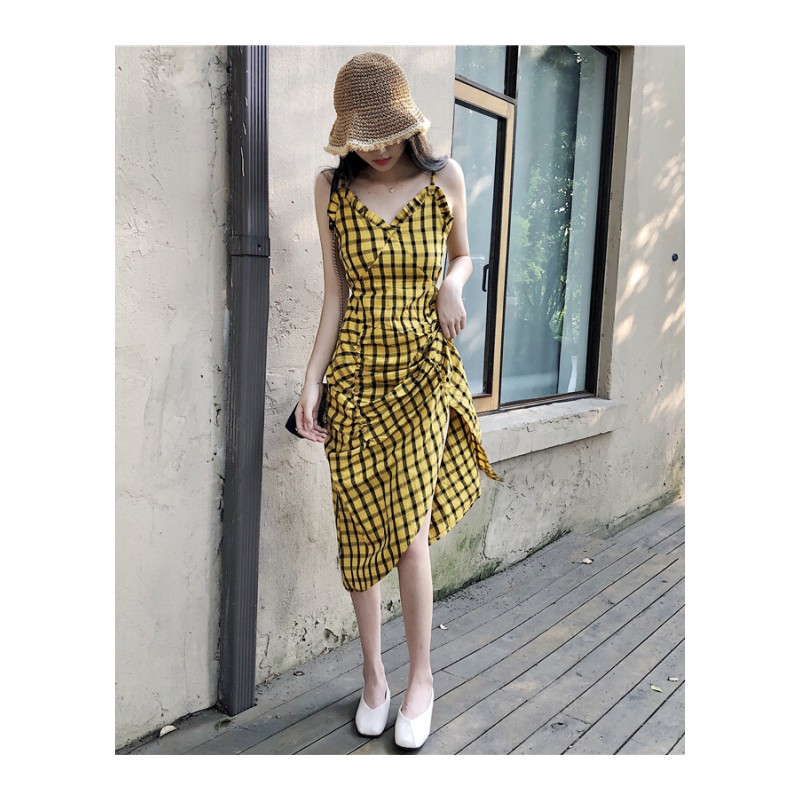 夏装韩版黄色格子带裙中长款气质木耳边V领无袖连衣裙女 黄色 均码