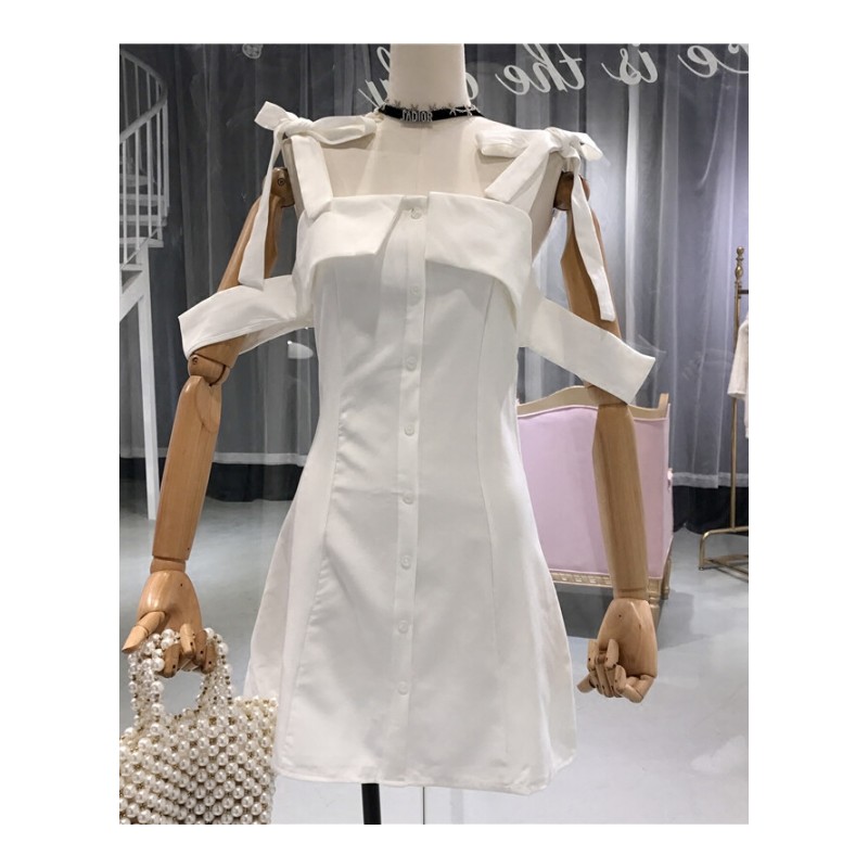单排扣一字领连衣裙女装2018夏季韩版高腰显瘦带短裙