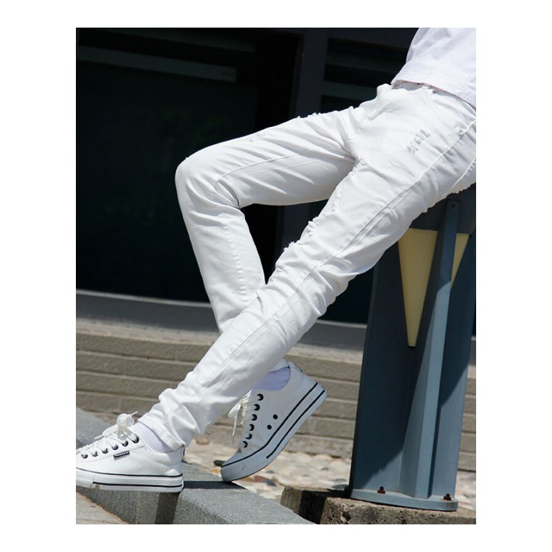 夏季休闲白色牛仔裤男士流行小脚裤弹力修身男裤个性破洞裤子白色