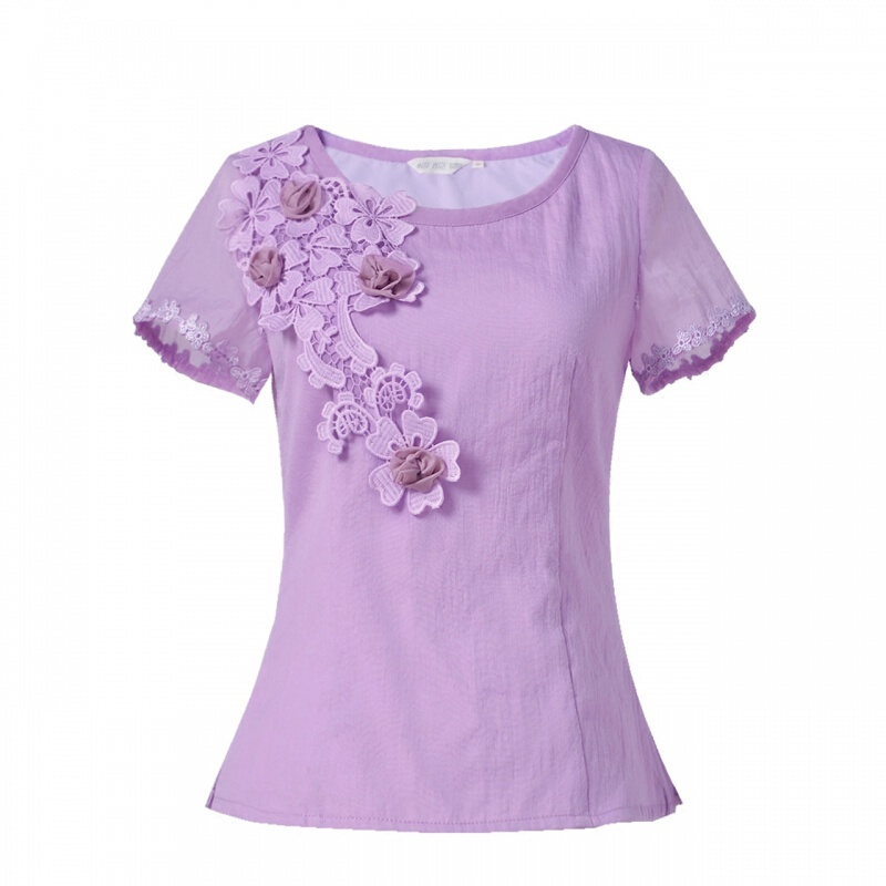短袖女2018夏季气质纯色立体贴花套头T恤粉紫色