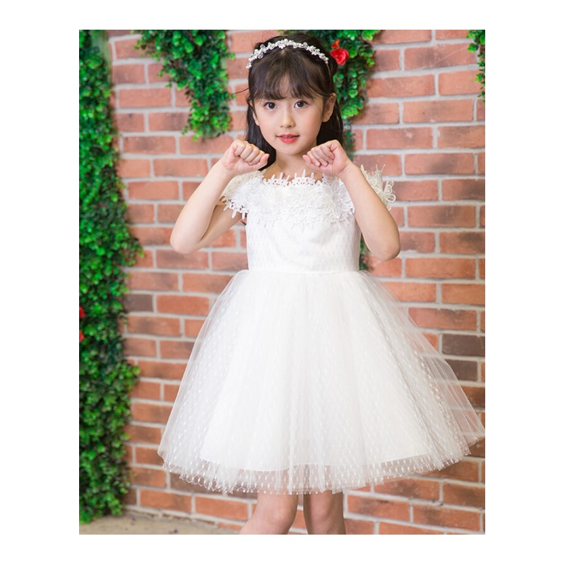 儿童2018夏季女孩公主裙中大童时尚洋气连衣裙六一演出小礼服白色120码适合身高100-110左右