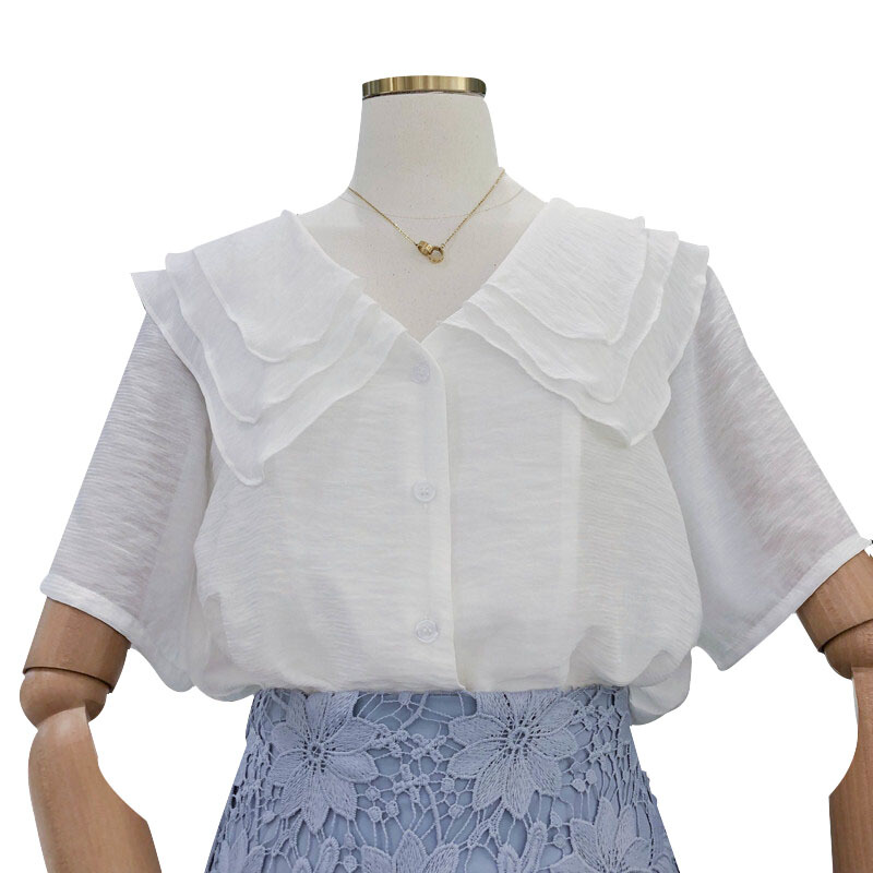 2018韩国夏装气质白色短袖衬衫女显瘦宽松娃娃衫 白色 均码