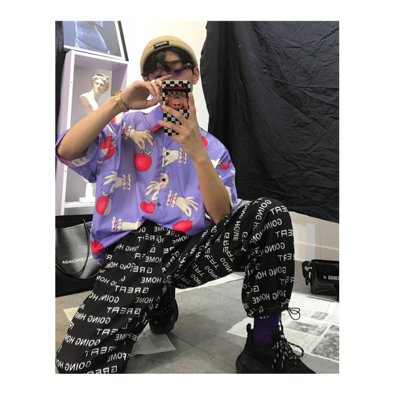 18夏季原宿韩风苹果印花宽松大码半袖衬衫男女潮紫色