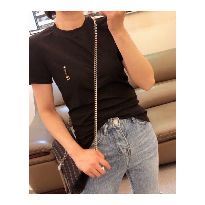 2018春装韩版女装时尚圆领胸前小标显瘦短袖T恤打底上衣白色均码
