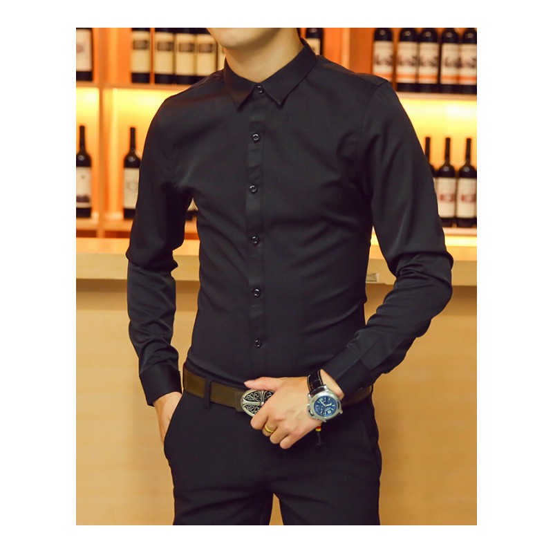 春夏季修身男士短袖衬衣潮流韩版黑白纯色型师男装五分中袖衬衫
