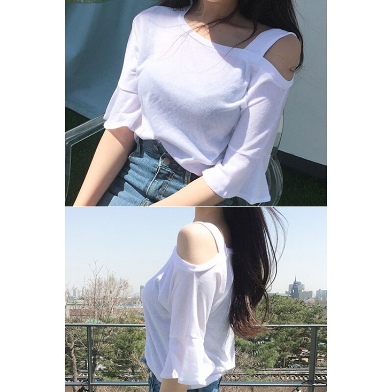 韩国女装2018新款甜美小性感斜肩不对称荷叶袖中袖T恤女宽松上衣黑色均码