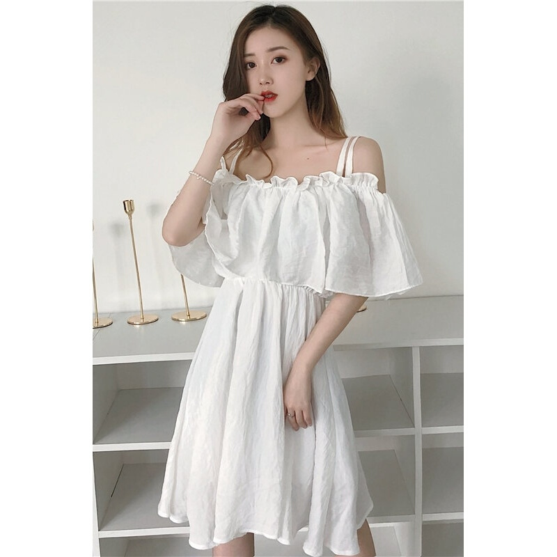 夏季韩版荷叶边带露肩一字领连衣裙女高腰显瘦纯色大摆裙白色均码