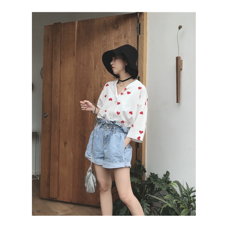 夏季韩国少女感红色爱心印花宽松西装领中长衬衫上衣女学生 白色 均码
