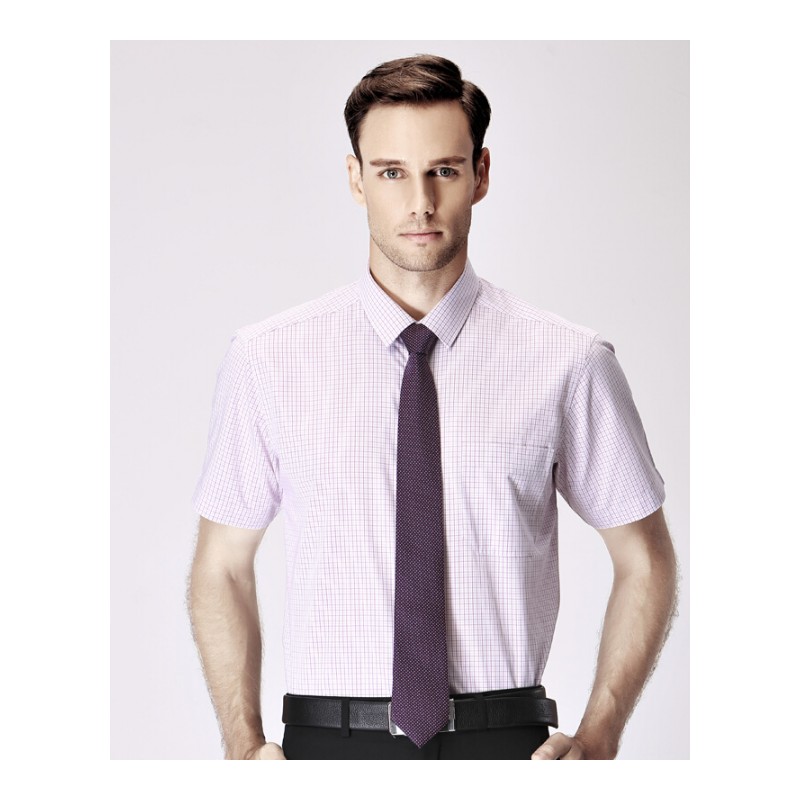 夏季2018男士短袖衬衫商务细格子莫代尔衬衫正装职业衬衣薄 紫色 38