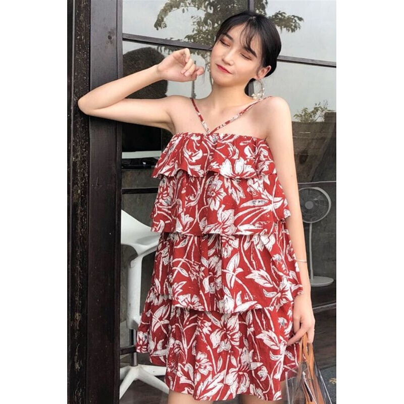 夏季韩版交叉带一字领无袖连衣裙宽松腰短裙裙女 图片色 均码