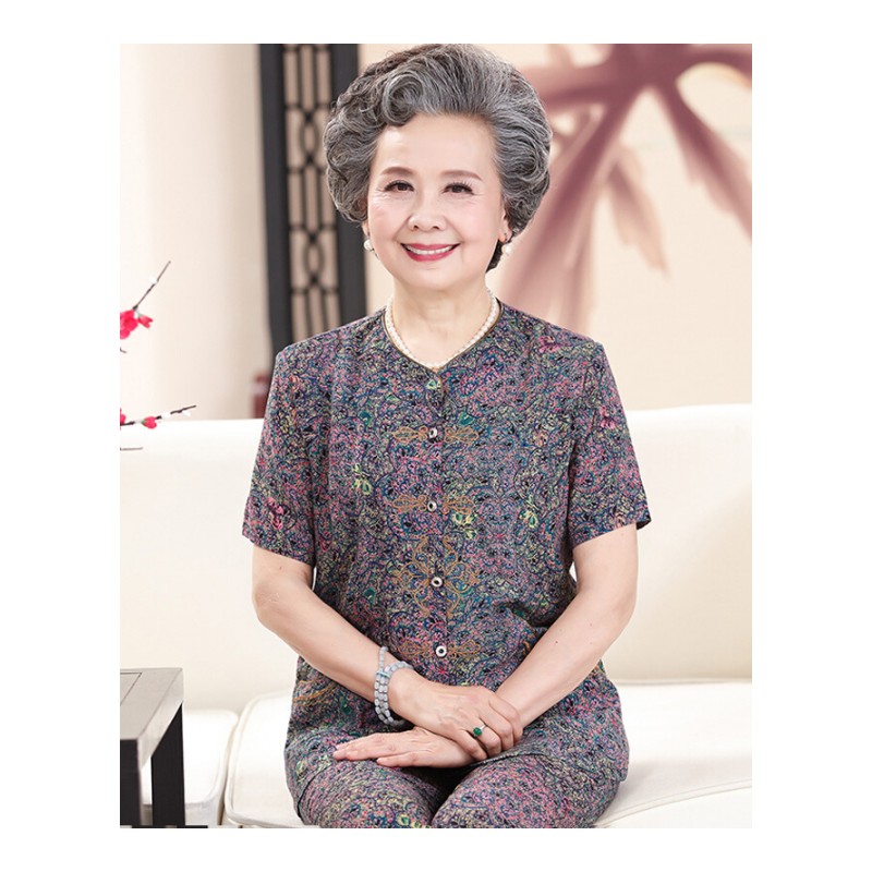 中老年人夏装女60-70岁套装短袖奶奶装上衣妈妈80老人衣服太太薄花色一#蓝色碎花L建议75-90斤