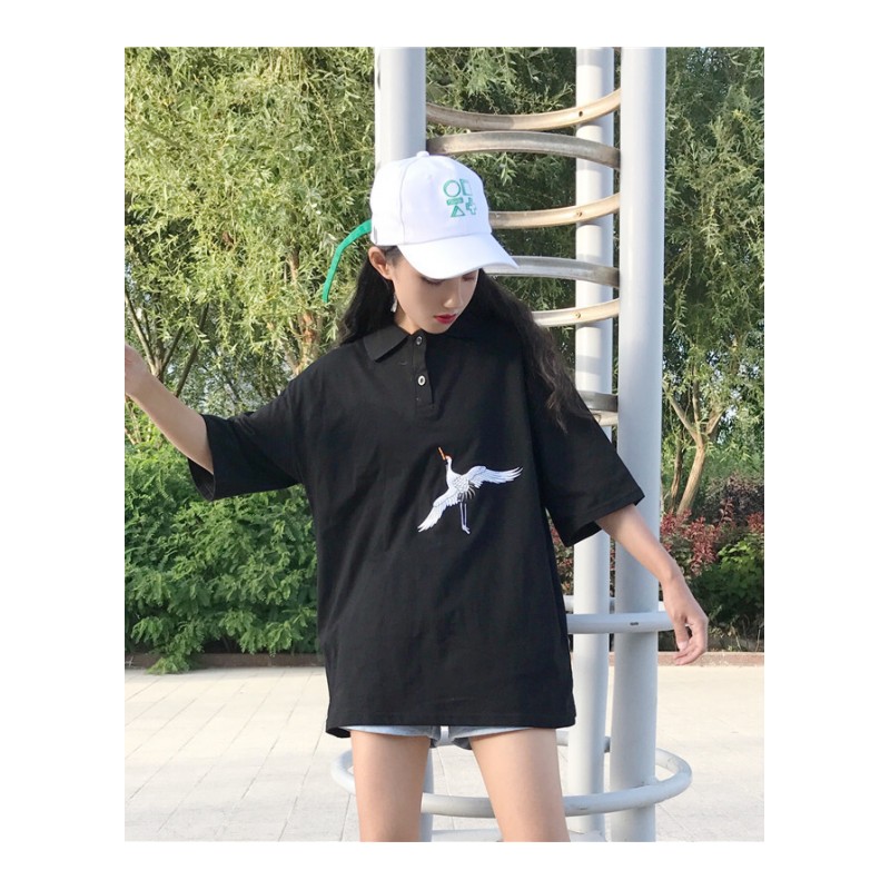 春夏女装韩版原宿风中长款宽松仙鹤刺绣POLO领短袖T恤打底衫上衣黑色均码