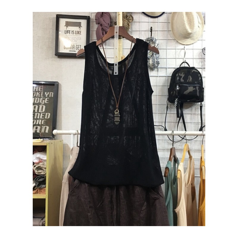 2018夏款女装宽松显瘦文艺纯色圆领针织背心无袖打底衫带女黑色均码
