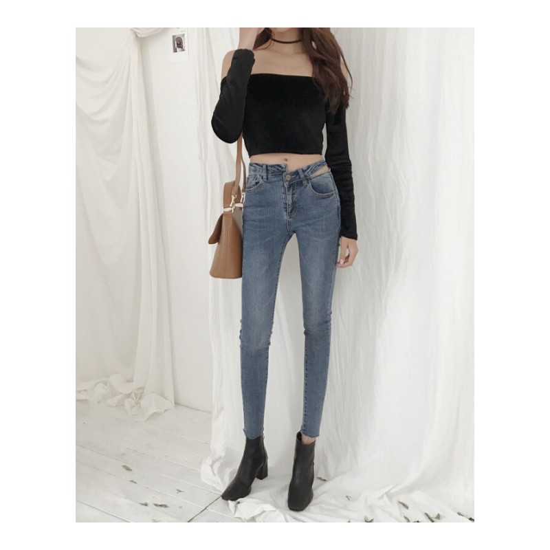 春装2018韩版BF风不规则开裂高腰弹力紧身牛仔裤修身显瘦铅笔裤女蓝色