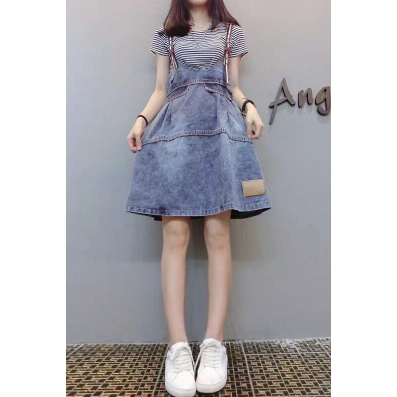 2018夏装减龄大码女装洋气套装胖mm两件套牛仔背带连衣裙显瘦条纹T恤牛仔两件套M80-105斤