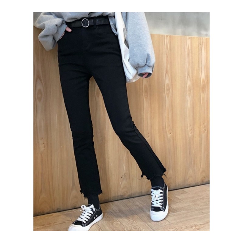 春秋韩版大码胖mm高腰九分微喇叭牛仔裤女宽松显瘦毛边流苏阔腿裤黑色8862S码[90-100斤]