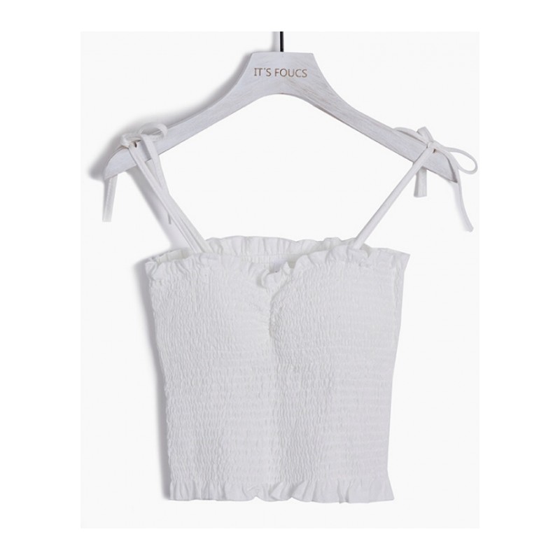 荷叶边抓皱修身带背心女自由节细肩带无袖上衣夏高腰小衫米白色均码