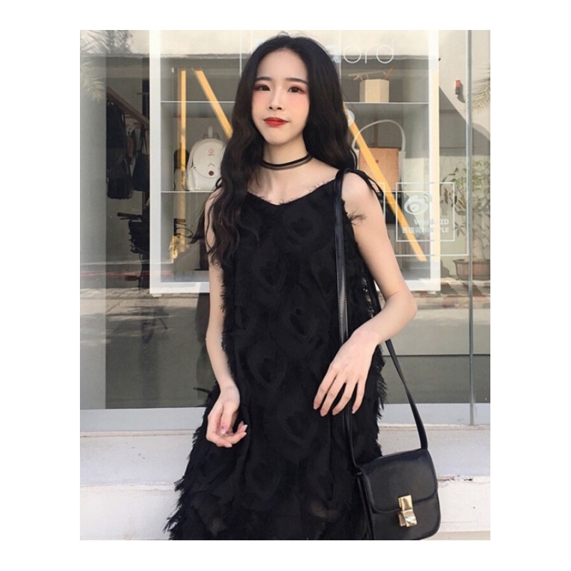 夏季韩版气质羽毛V领宽松纯色中长款带裙无袖高腰连衣裙女白色羽毛均码