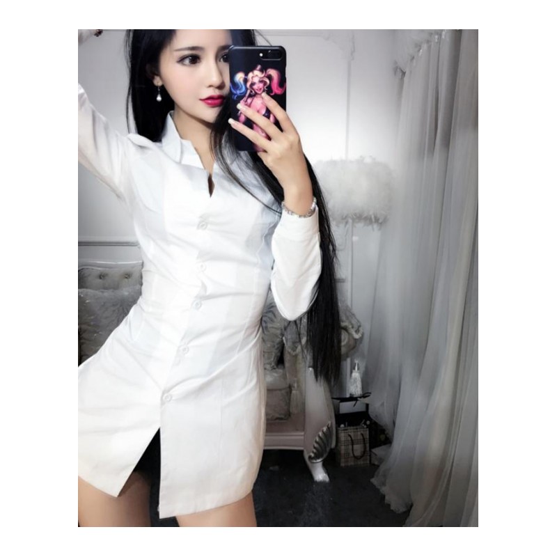 衬衫裙女长袖2018秋装新款气质性感夜店低胸深V领收腰包臀连衣裙白色