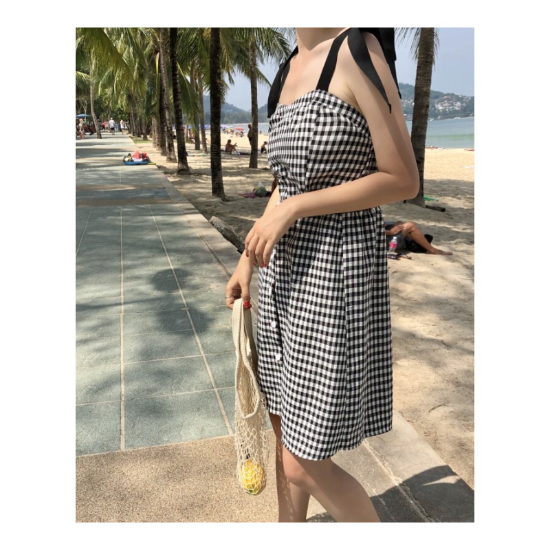 夏装韩版显瘦高腰格子带连衣裙女蝴蝶结绑带宽松度假中长裙格子裙长款均码