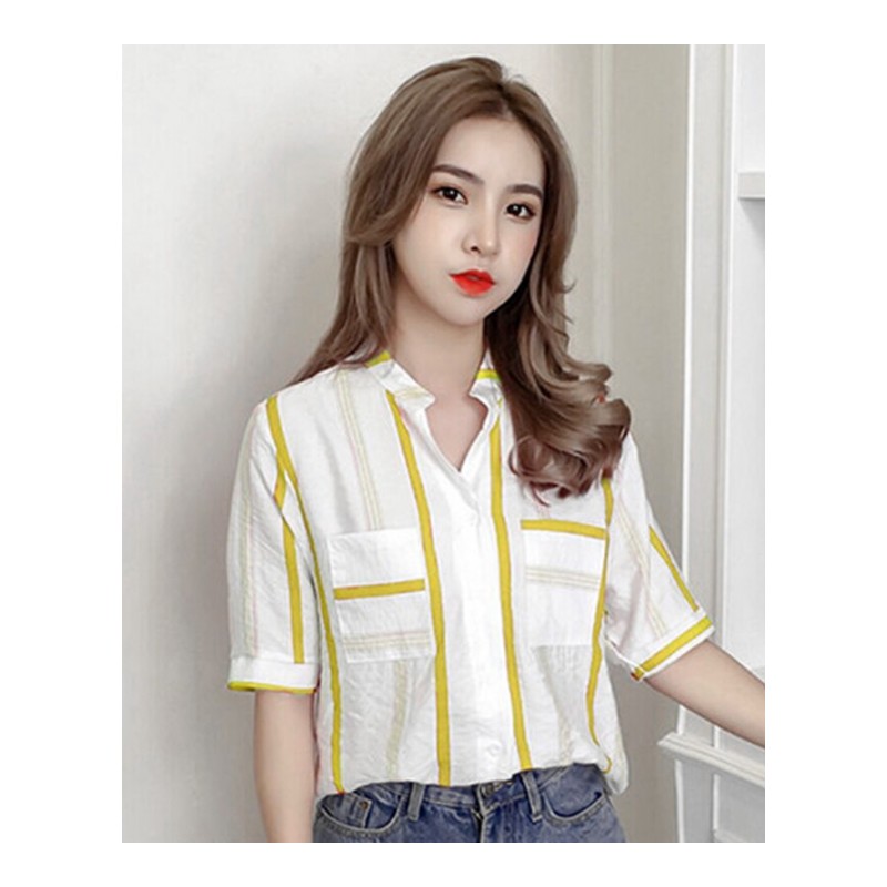 夏季短袖衬衣女2018韩版小清新半袖上衣显瘦宽松条纹衬衫