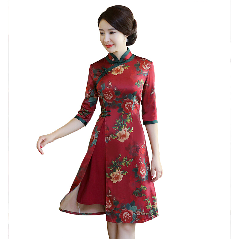 上海旗袍裙2018新款女冬长袖中长款改良中国风春款旗袍连衣裙酒红色1号色8513红