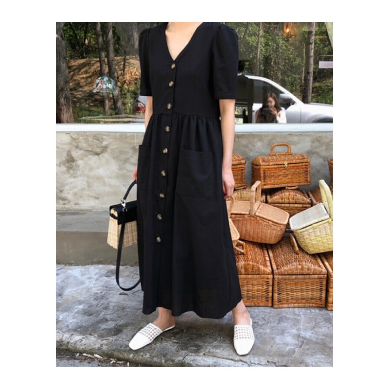夏季韩国复古舒适V领单排扣口袋宽松短袖连衣裙女杏色均码