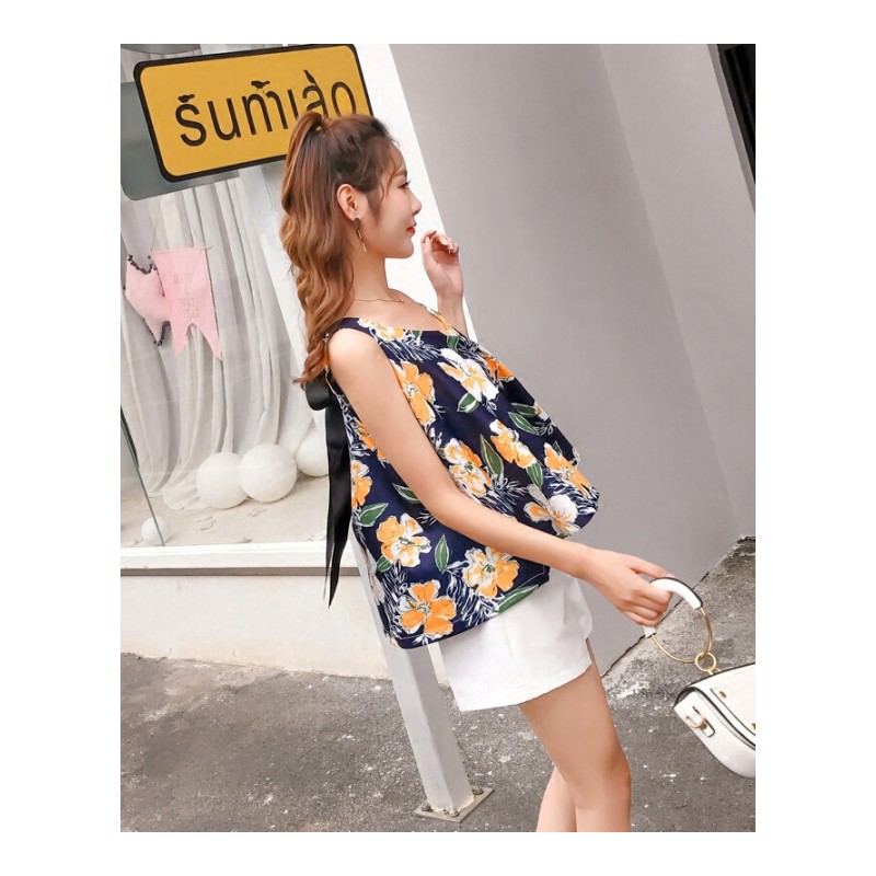 夏装女装2018韩版气质V领无袖后系带印花带衬衫上衣藏青色
