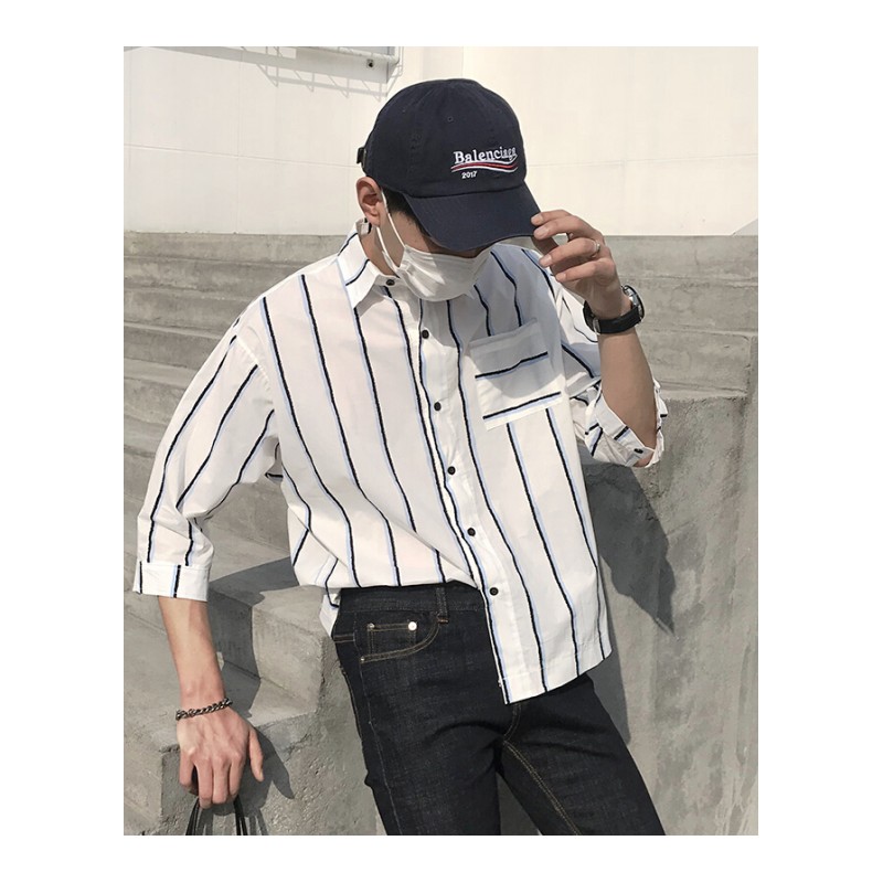 夏季小清新条纹衬衫男宽松七分袖韩版潮流帅气中袖衬衣7分短袖衫