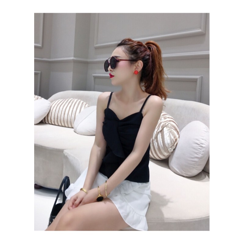 2018韩版时尚夜店女装性感荷叶边修身短款带上衣背心气质夏酒红色均码