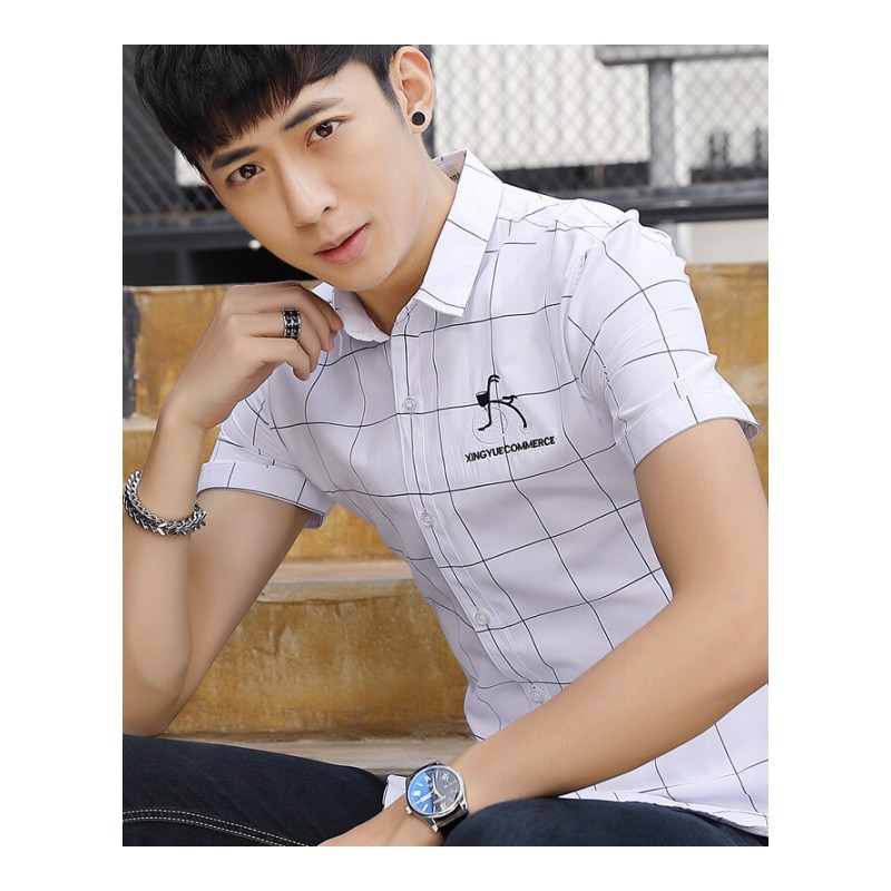 夏季韩版修身青年拼接款短袖寸衫潮衬衫男士衬衣休闲时尚半袖