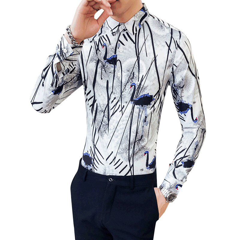2018春装韩版男士长袖衬衫夜店修身大花衬衫印花男型师衬衣潮流白色2208