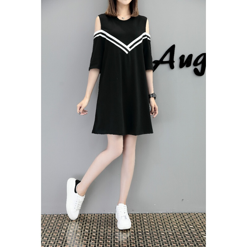 2018欧洲站加大码女装连衣裙露肩V领胖mm夏装2018胖妹妹200斤 黑色712 L建议90-110