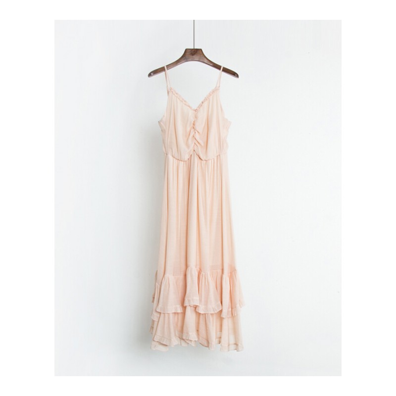 夏装韩版气质高腰v领复古度假风带裙中长款荷叶边连衣裙女白色均码