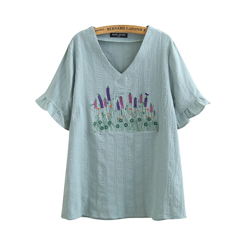 加肥加大码女装2018胖mm夏装宽松显瘦棉布提花V领短袖T恤女白色小