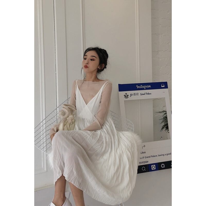 夏季韩国气质V领褶皱感复古优雅淑女风中长款带裙连衣裙女温柔白均码