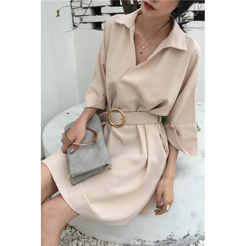 春夏季韩版收腰显瘦纯色V领套头五分袖侧口袋连衣裙女中裙 图片色 均码