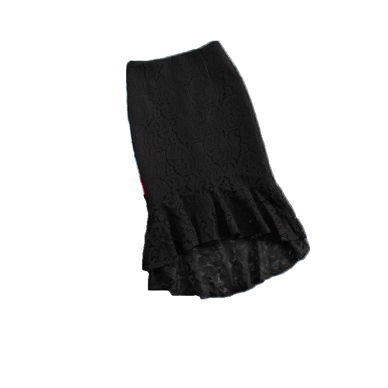 2018新款高腰黑色蕾丝鱼尾裙包臀裙不规则中长款裙子打底半身裙黑色