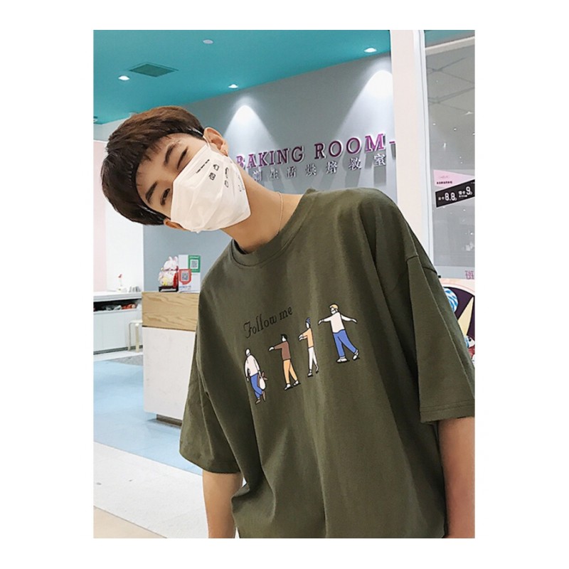 2018夏装新款港风卡通印花圆领短袖T恤男韩版情侣学生宽松体恤潮